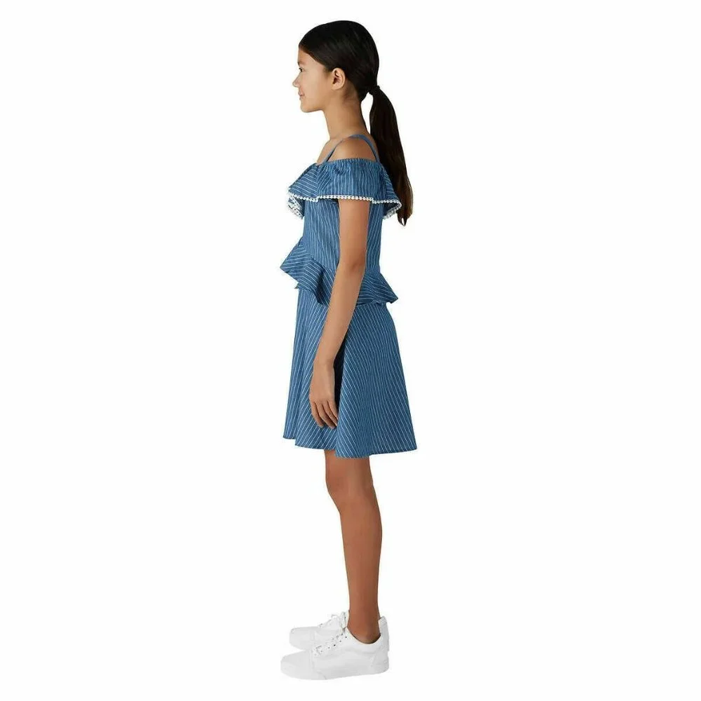 BCBGirls Dress Blue White Stripe Cold Shoulder Ruffle - Picture 2 of 11